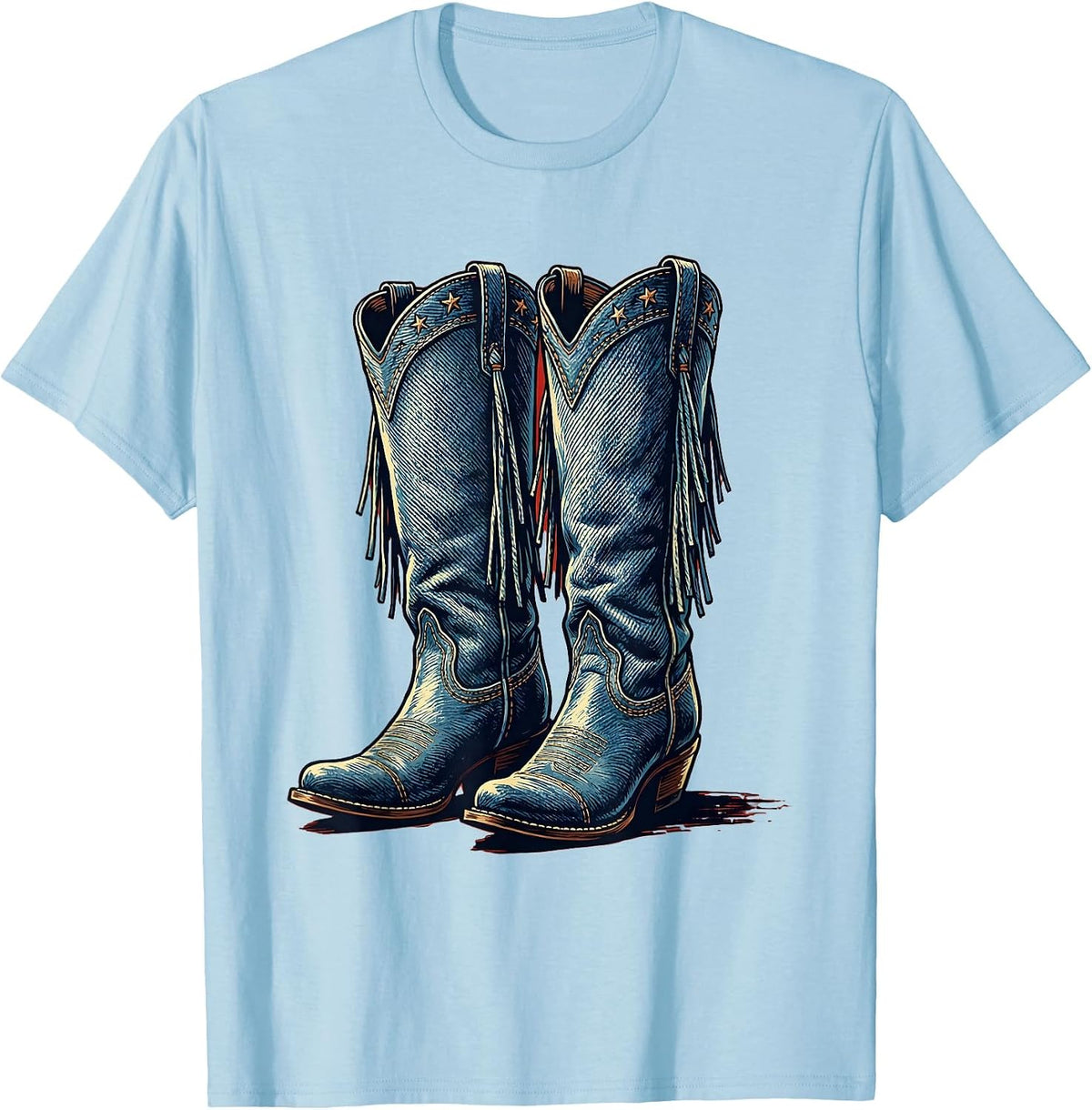 Men's Denim Cowgirl Boots with Fringe Illustration T-Shirt - Baby Blue
