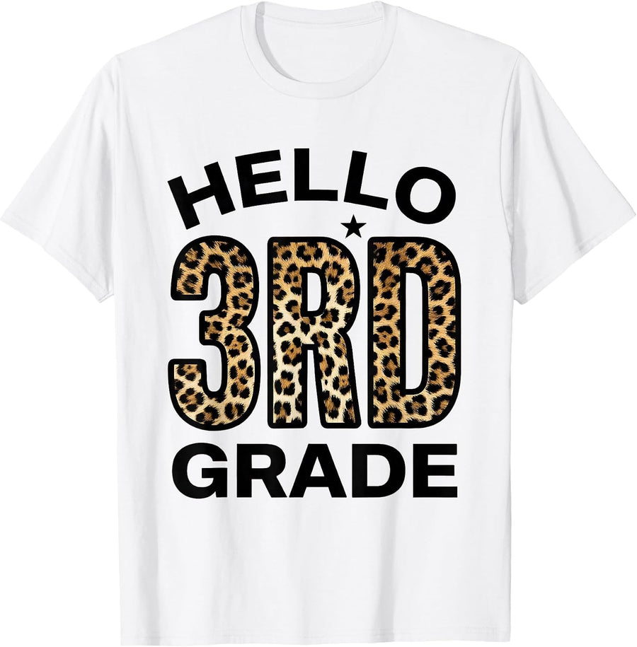 Men's Hello 3rd Grade Leopard Teacher Student Back To School Girls T-Shirt - White