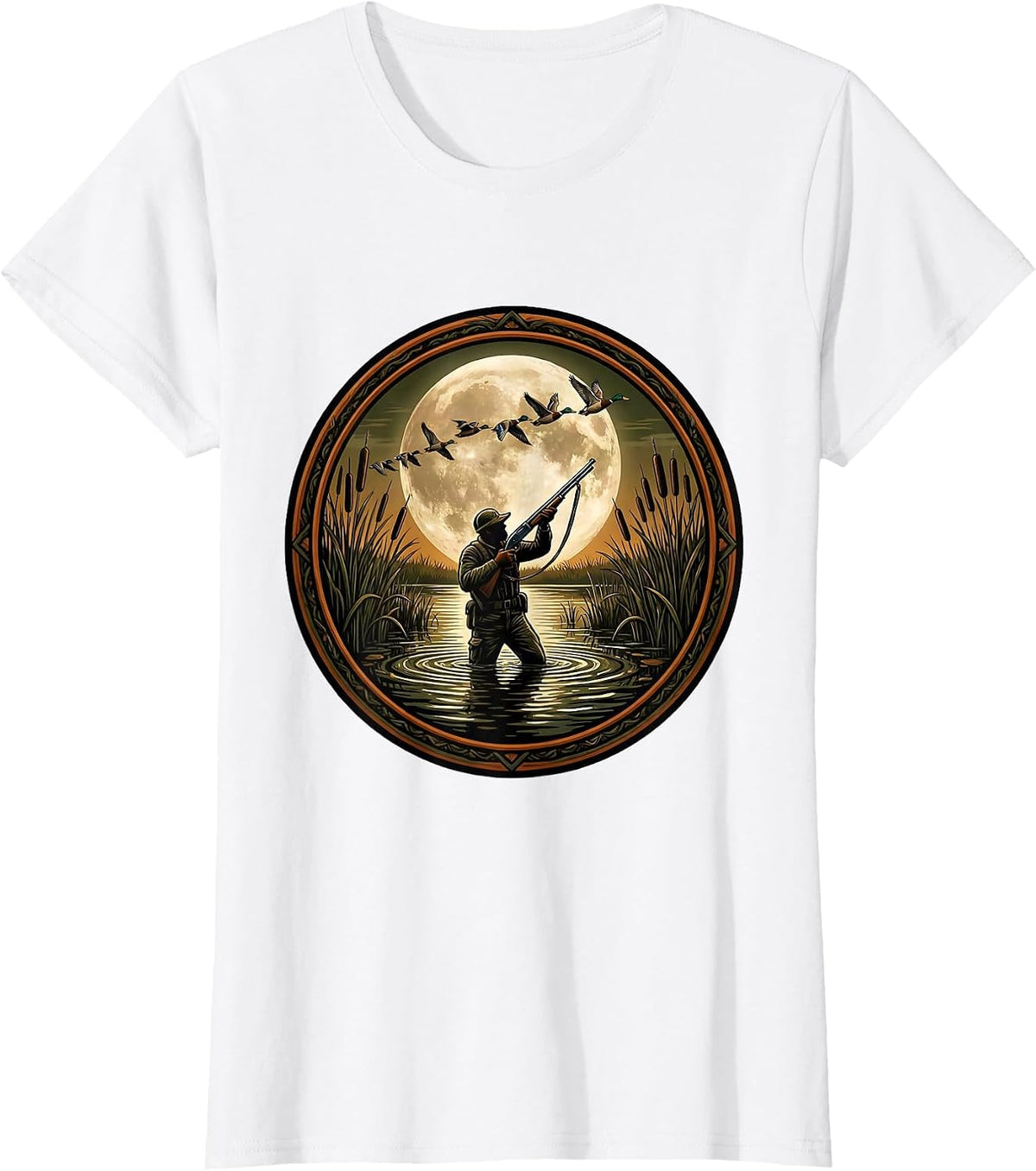 Duck Hunter Silhouette Marsh Reeds Hunting Design T-Shirt - White