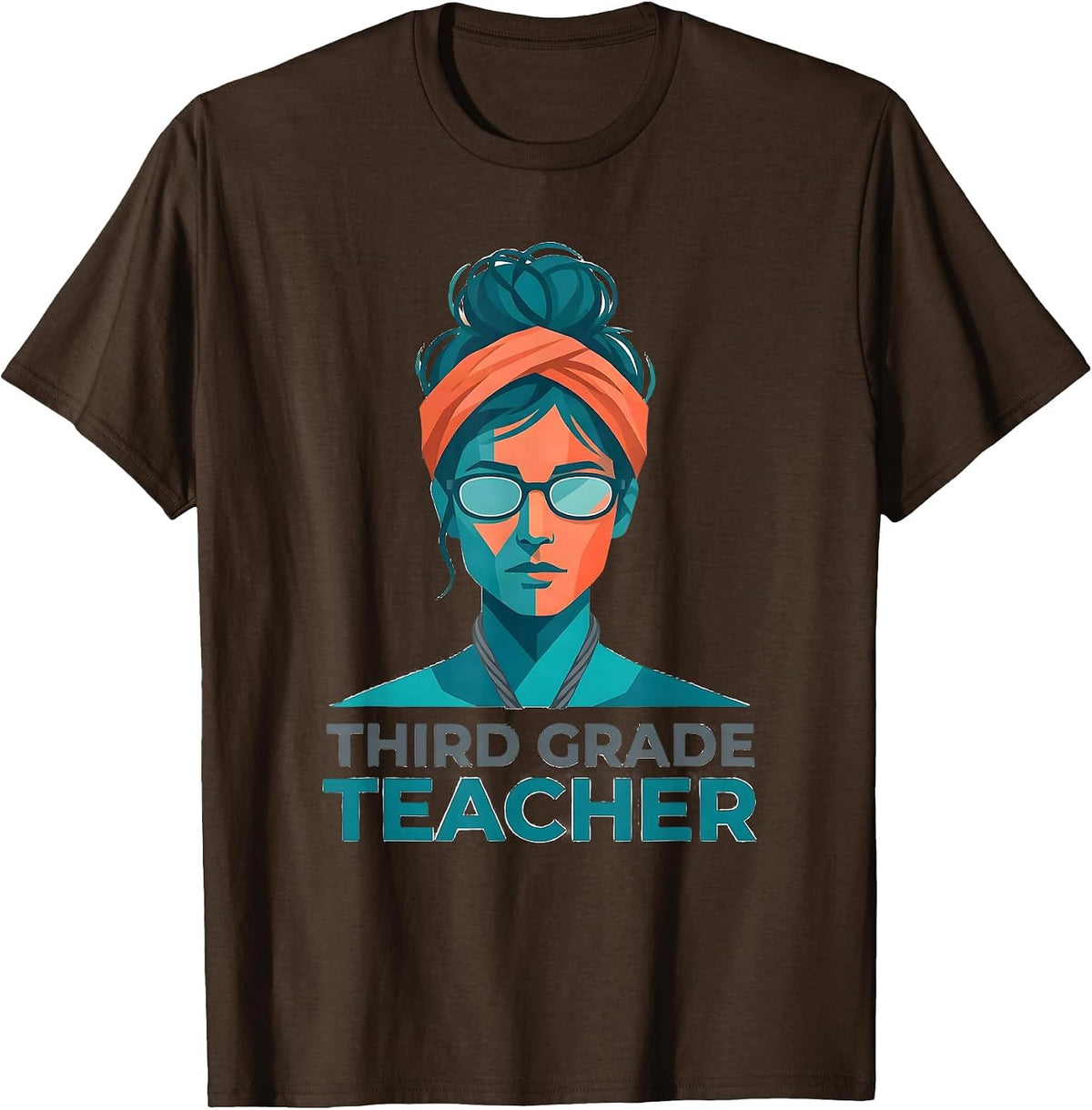 Third Grade Teacher Flat Vector Messy Bun School Role T-Shirt - Brown