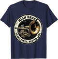 HIGH BRASS: HEARD FIRST, RESTED LAST Funny Trumpet Linocut T-Shirt - Navy Blue
