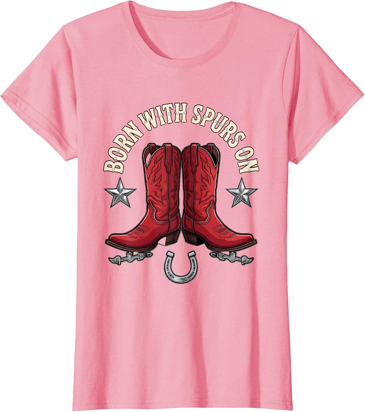 Women's Born With Spurs On Western Cowboy Design T-Shirt - Pink