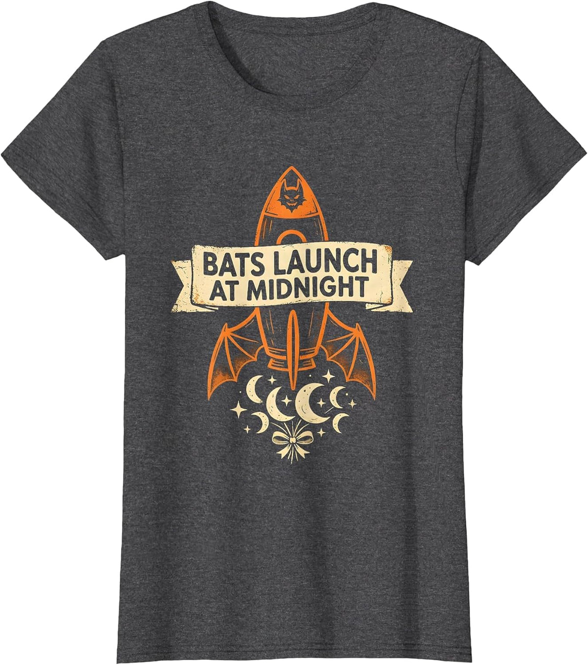 Women's Bats Launch At Midnight Halloween Space Design T-Shirt - Dark Heather Grey