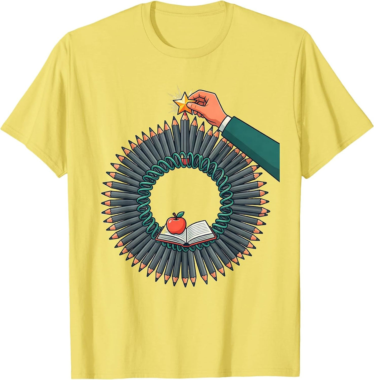 Men's Pencil Wreath Teacher Christmas Classroom Humor T-Shirt - Lemon Yellow