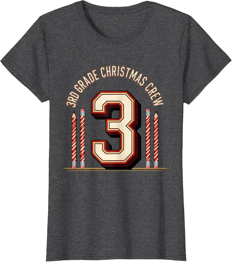 Women's 3rd Grade Christmas Crew Teacher Holiday Humor Grade-Level T-Shirt - Dark Heather Grey