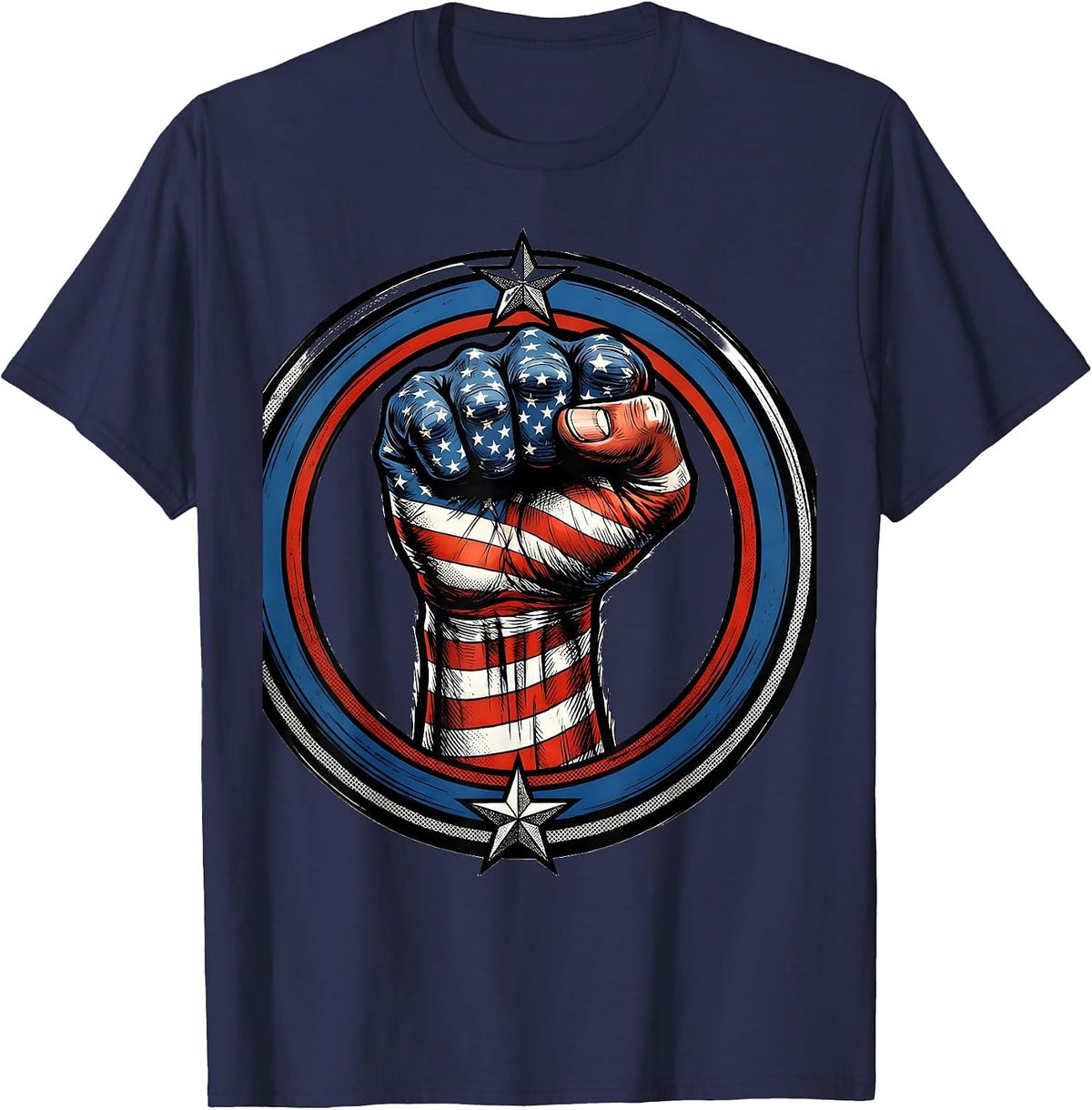 American Flag Raised Fist Patriotic Graphic T-Shirt - Navy Blue