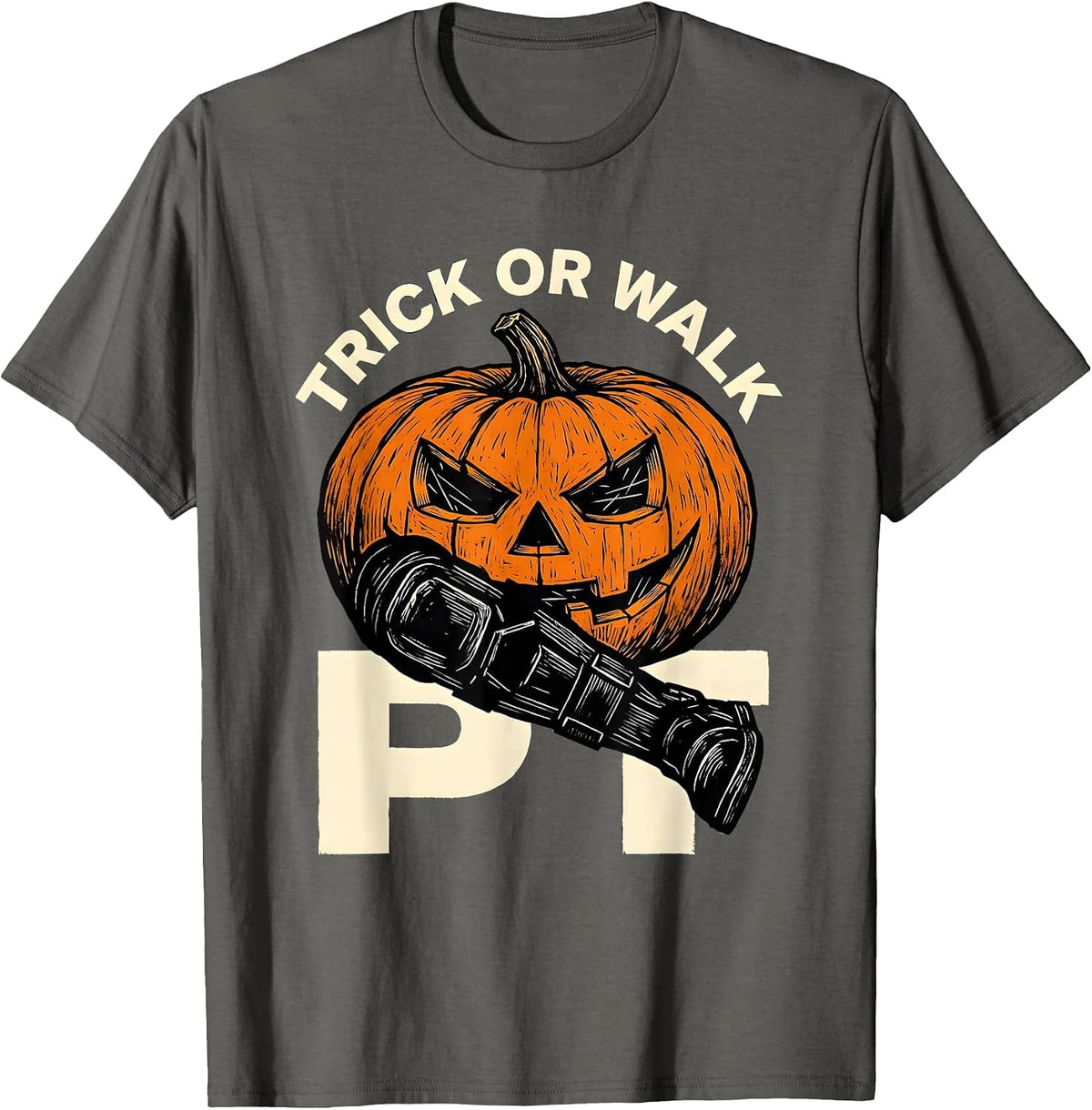 Trick Or Walk PT Linocut Physical Therapy Halloween Trick T-Shirt - Asphalt Grey