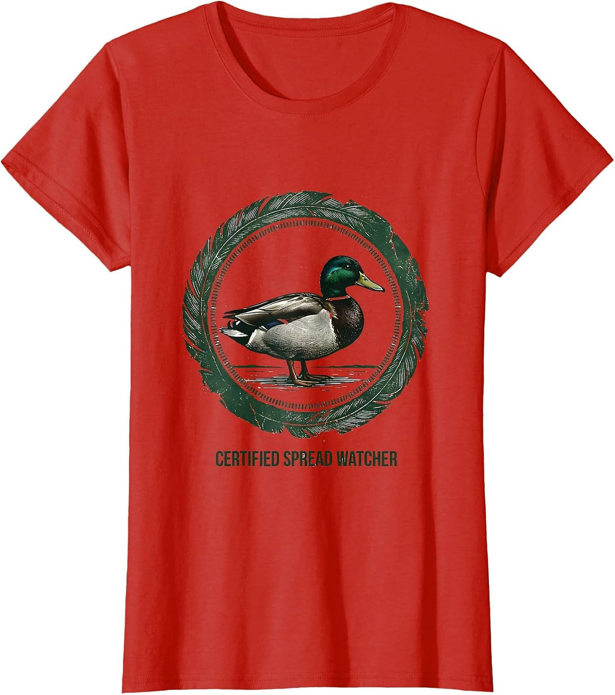 Women's Certified Spread Watcher Rubber Stamp Mallard Duck Hunting T-Shirt - Red
