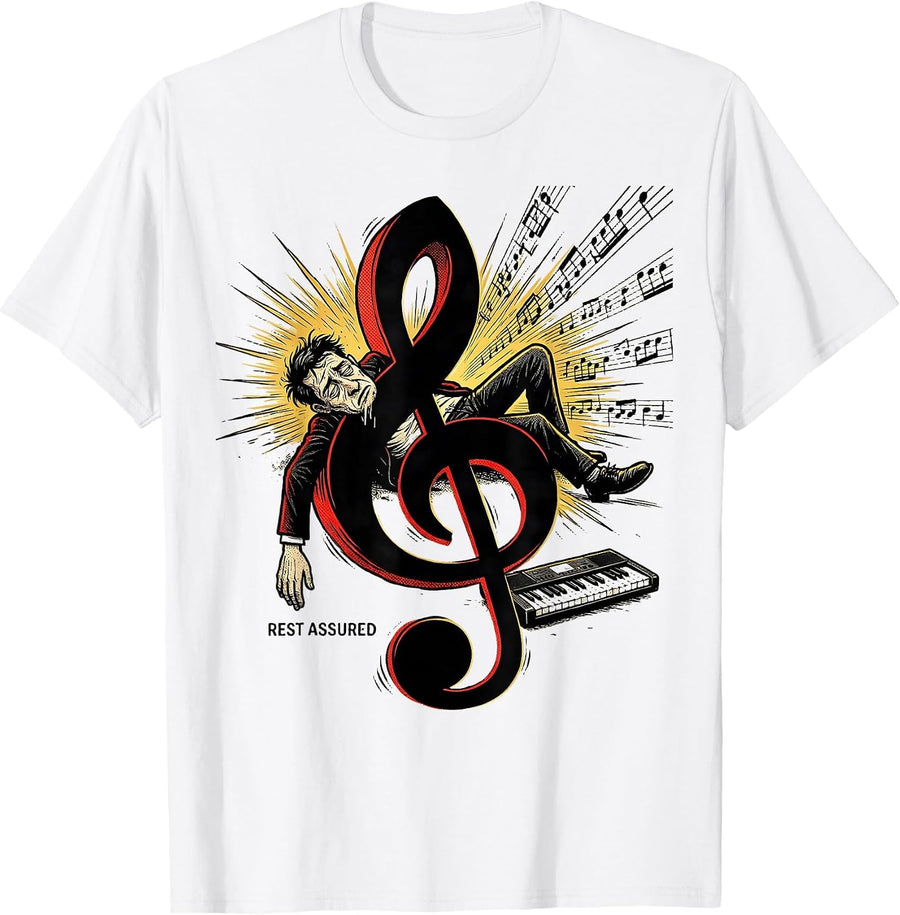 Men's Rest Assured Comic Book Pianist Music Lover Humor T-Shirt - White