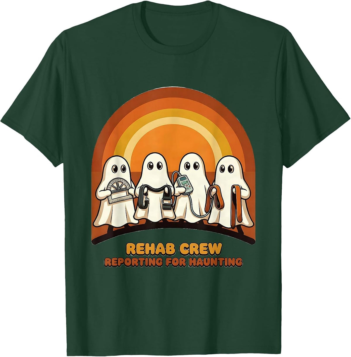 Rehab Crew Reporting For Haunting Retro 70s Halloween T-Shirt - Dark Green