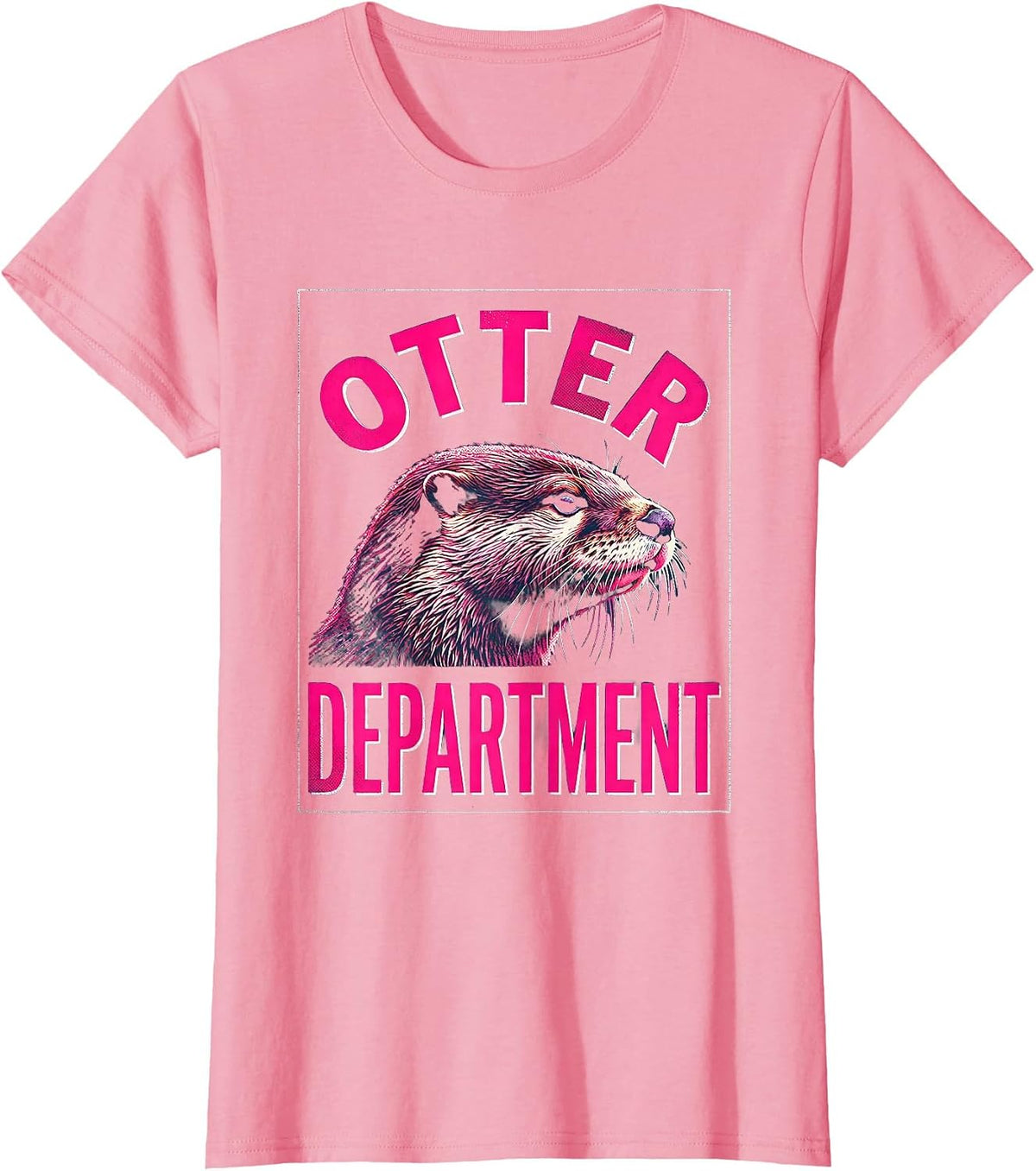Women's Otter Department Risograph Minimalist Line Art Badge Patch T-Shirt - Pink