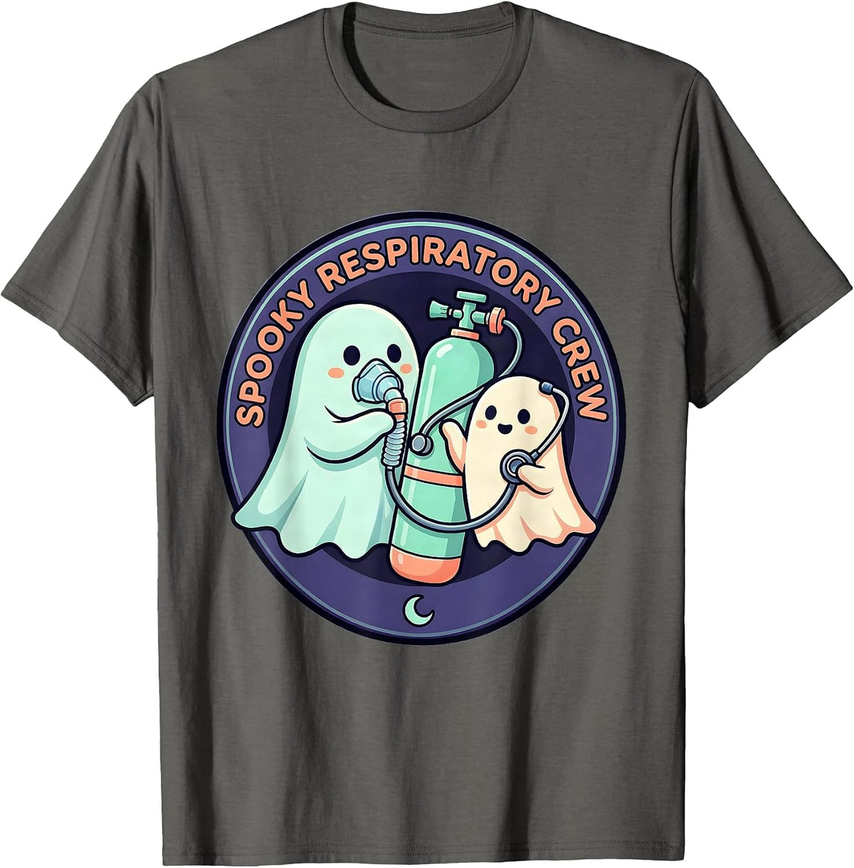 Men's Spooky Respiratory Crew Cute Ghost Halloween Occupational T-Shirt - Asphalt Grey