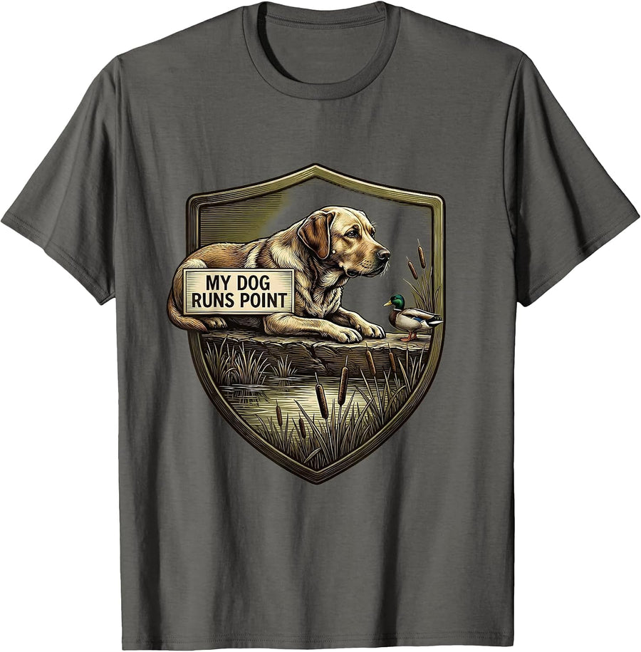 My Dog Runs Point Emblem Local Boy Hunting Dog Waterfowl T-Shirt - Asphalt Grey