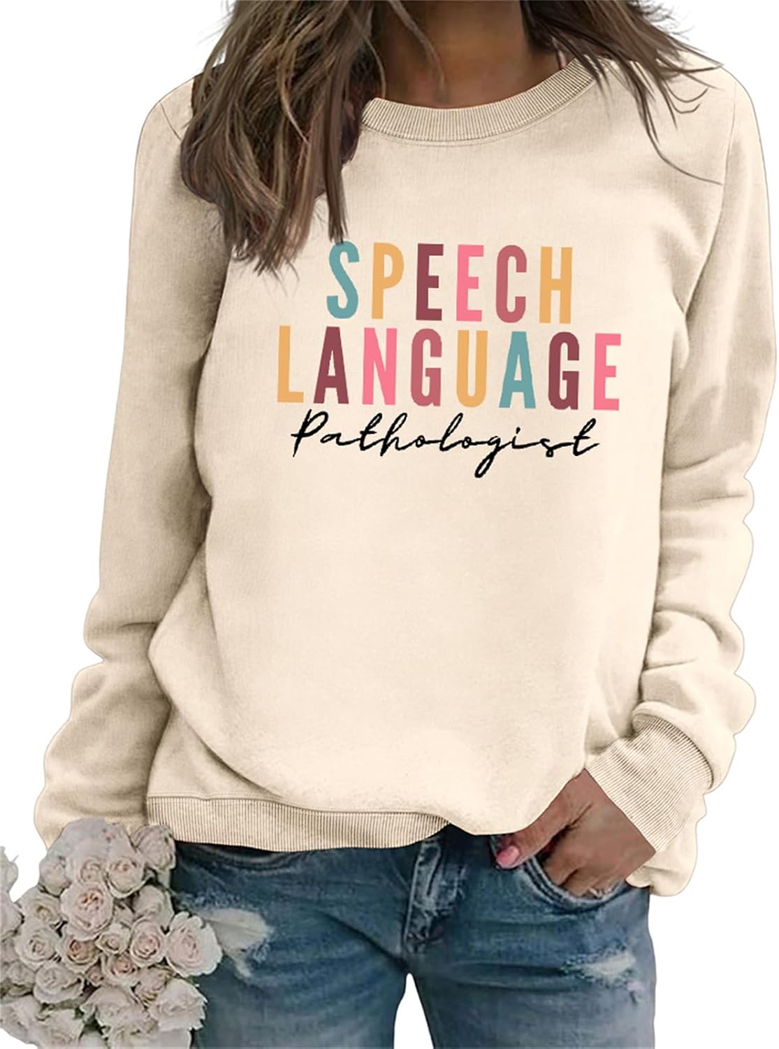 Speech Therapy Sweatshirt Cute Crew Neck Graphic Long Sleeve Shirts for Women SLP Speech Language Pathologist Gifts - Beige