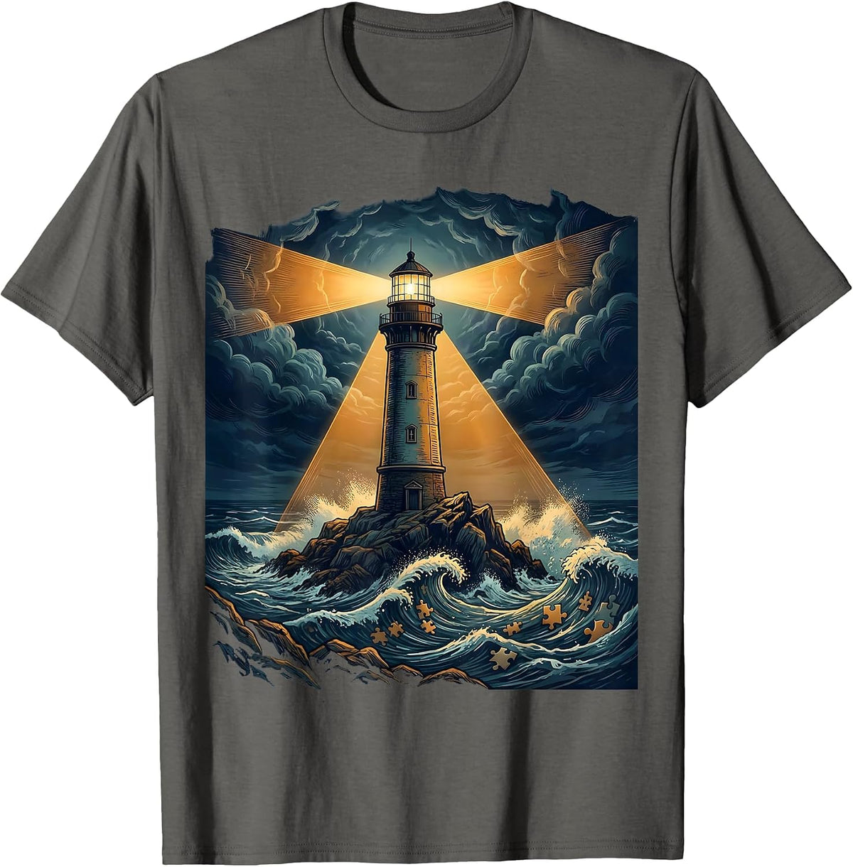 Men's Autism Awareness Lighthouse Stormy Sea Graphic T-Shirt - Asphalt Grey