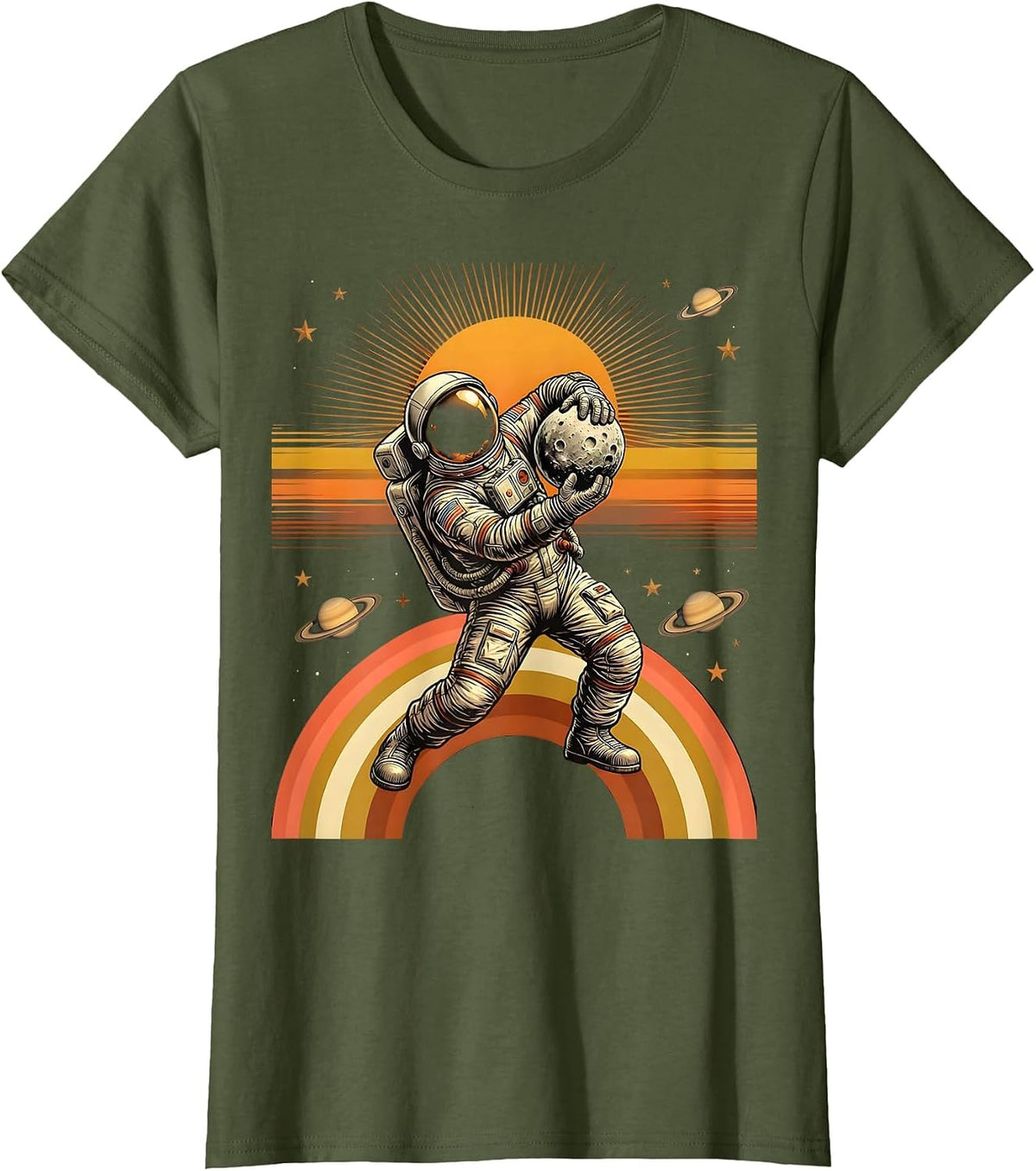 Women's Astronaut Bowling the Moon Yeet Space Art T-Shirt - Olive Green