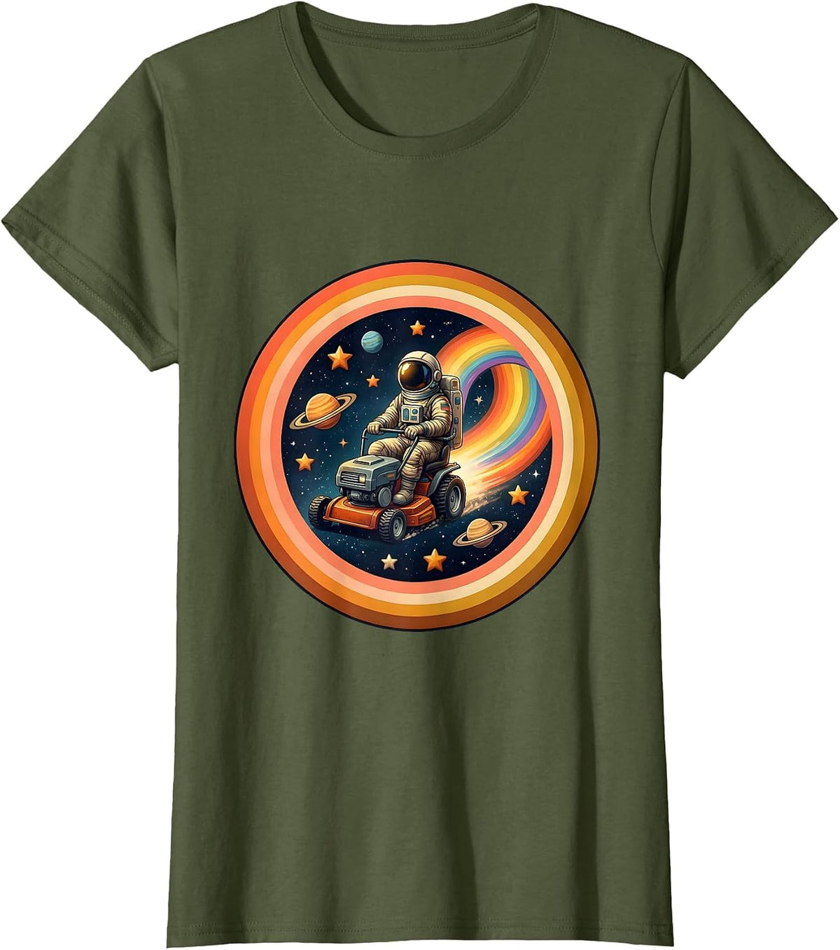 Women's Astronaut Riding a Lawnmower Through Space T-Shirt - Olive Green
