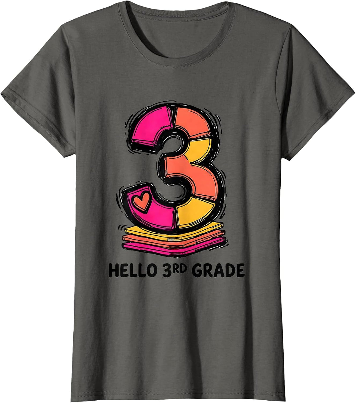 Women's Hello 3rd Grade Playful Leopard Teacher Student Back T-Shirt - Asphalt Grey