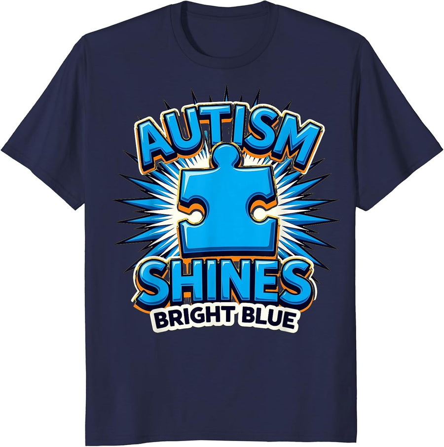 Autism Shines Bright Blue Awareness Design T-Shirt - Navy Blue