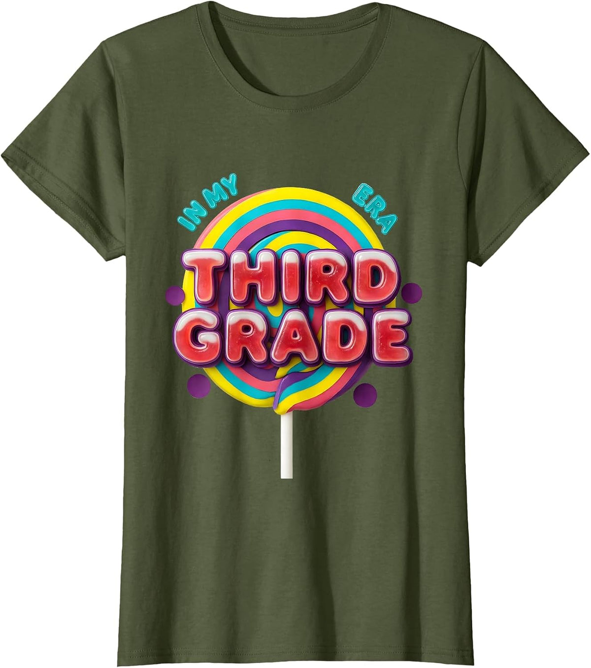 Women's In My Third Grade Era Retro Gummy Girl Teacher Back T-Shirt - Olive Green