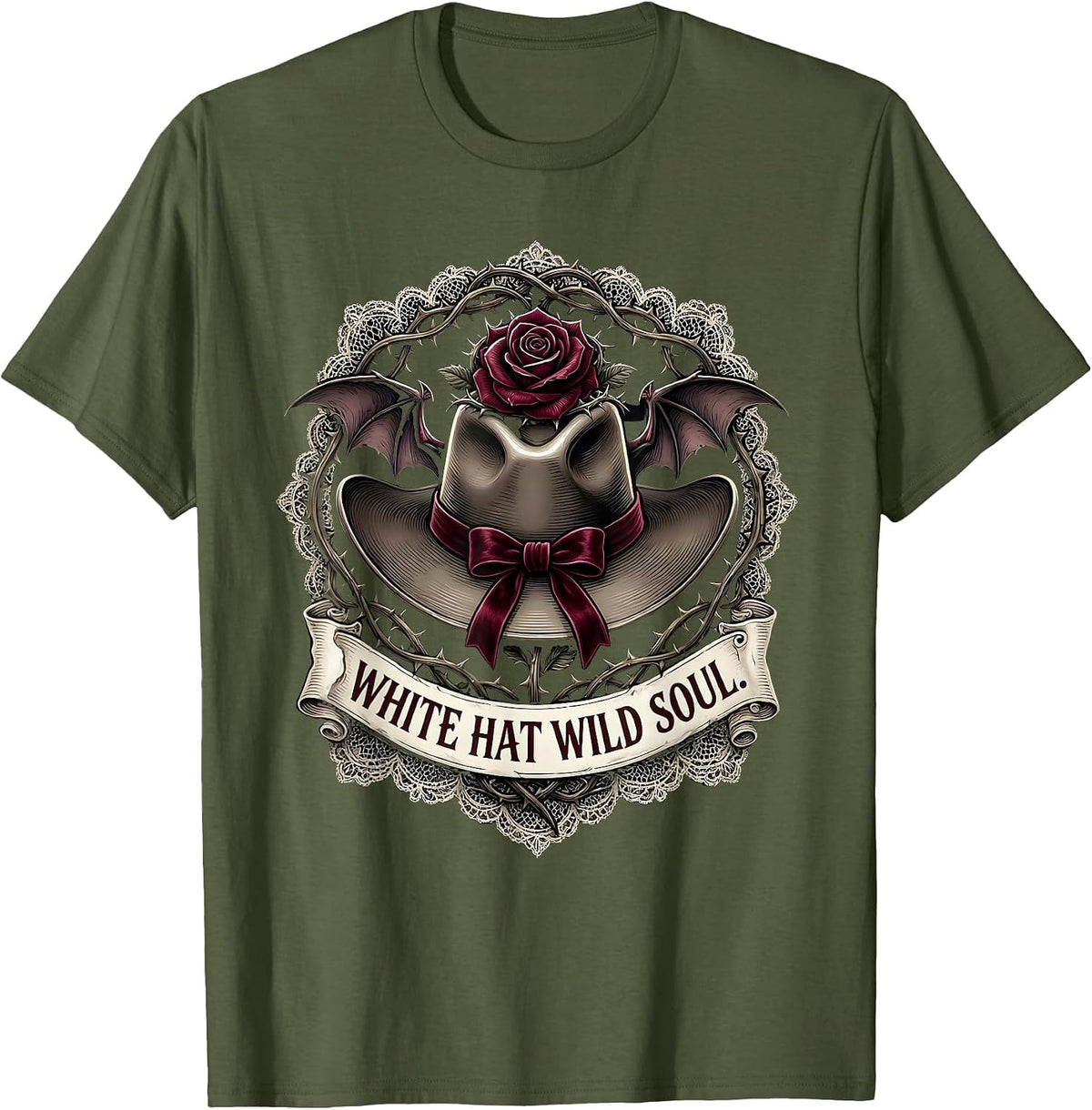 Men's White Hat Wild Soul Cowgirl Design T-Shirt - Olive Green
