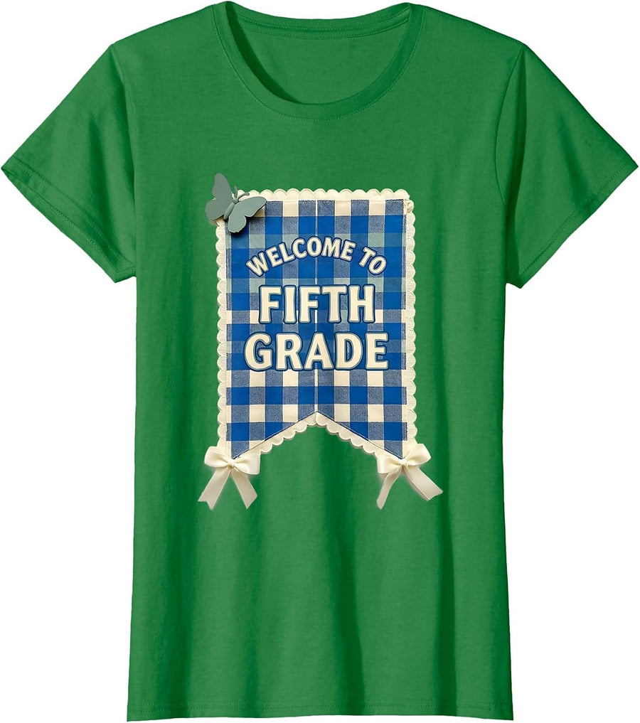 Women's Welcome to Fifth Grade Gingham Picnic Cute Back to School T-Shirt - Kelly Green