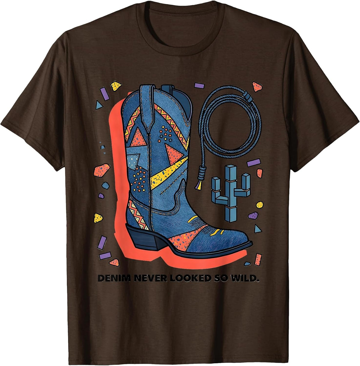 Denim Never Looked So Wild Cowgirl Design T-Shirt - Brown