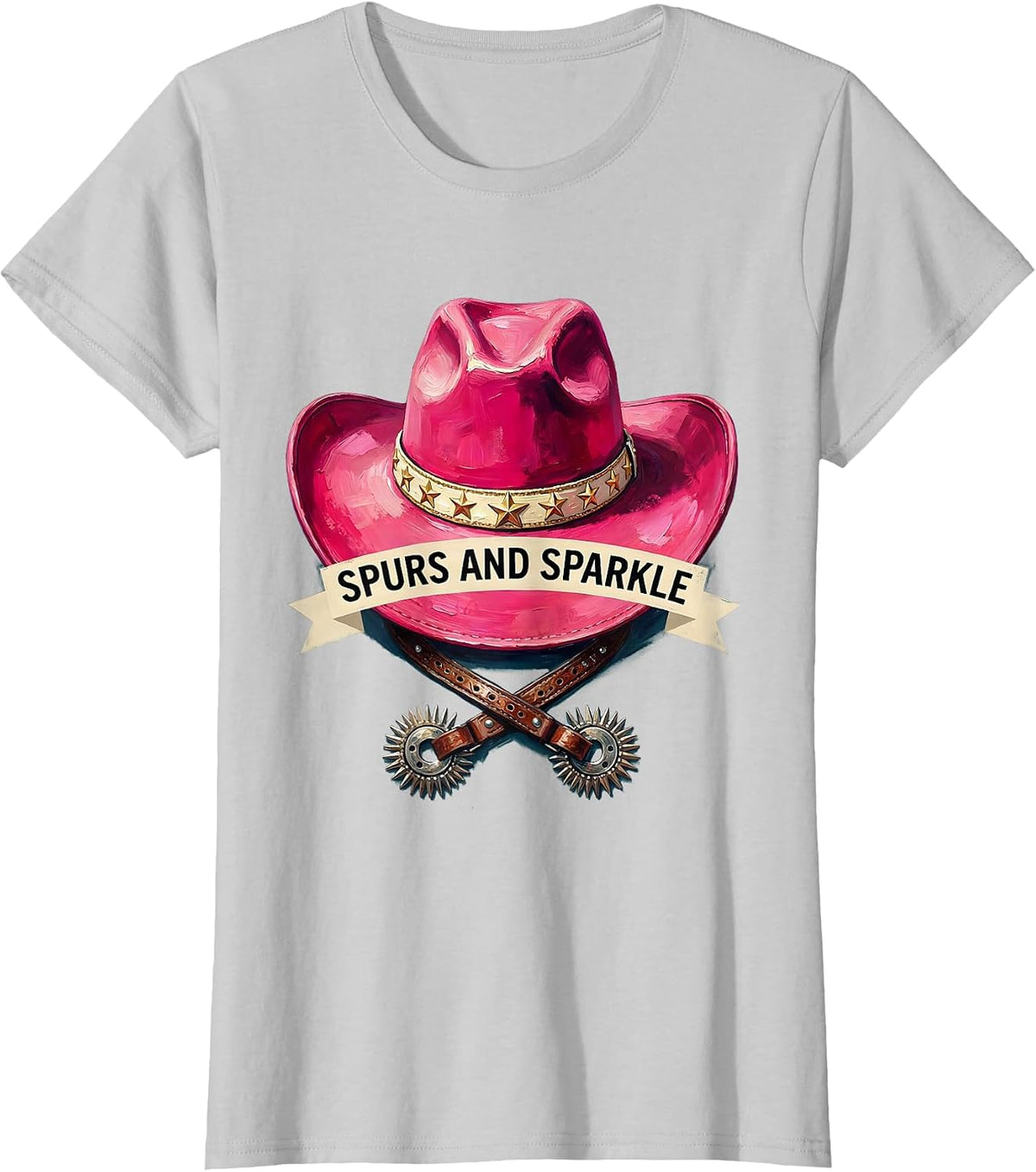 Women's Spurs and Sparkle Pink Cowgirl Design T-Shirt - Silver Grey