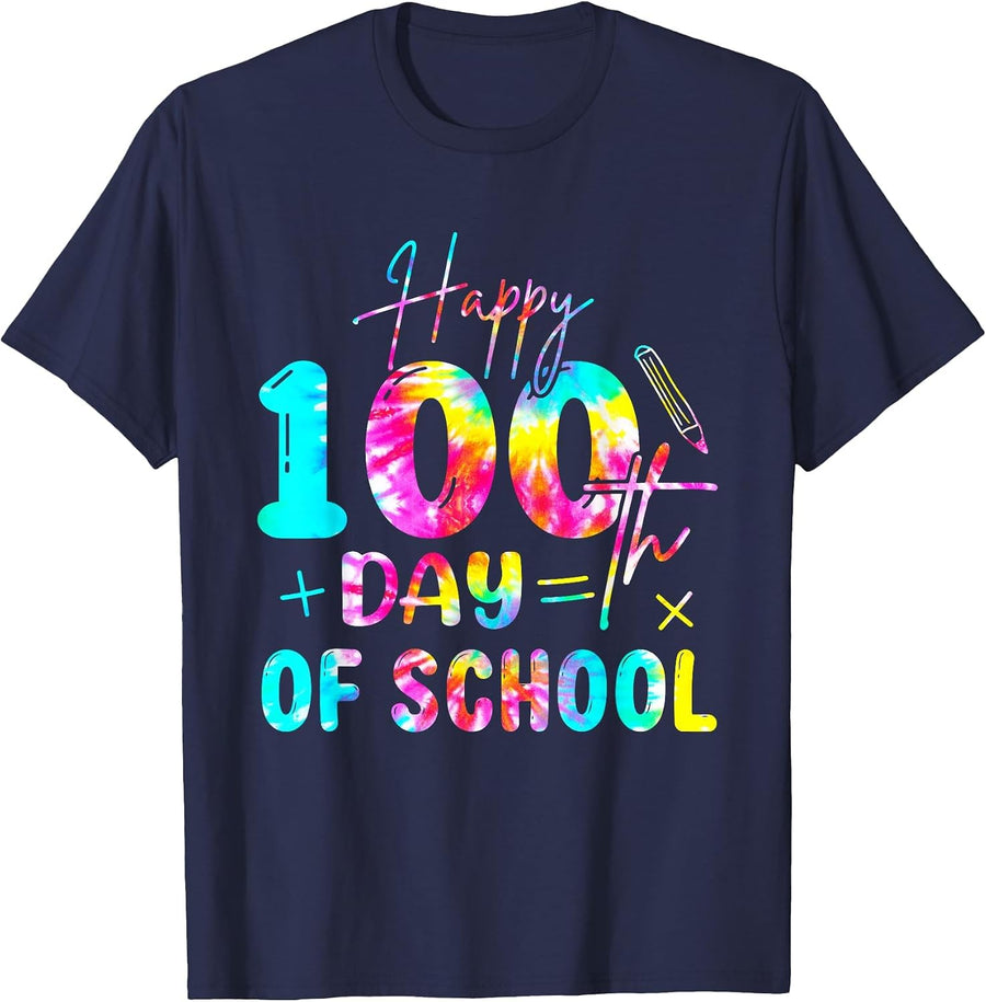 Tie Dye Happy 100th Day of School Teacher Student 100 Days T-Shirt - Navy Blue