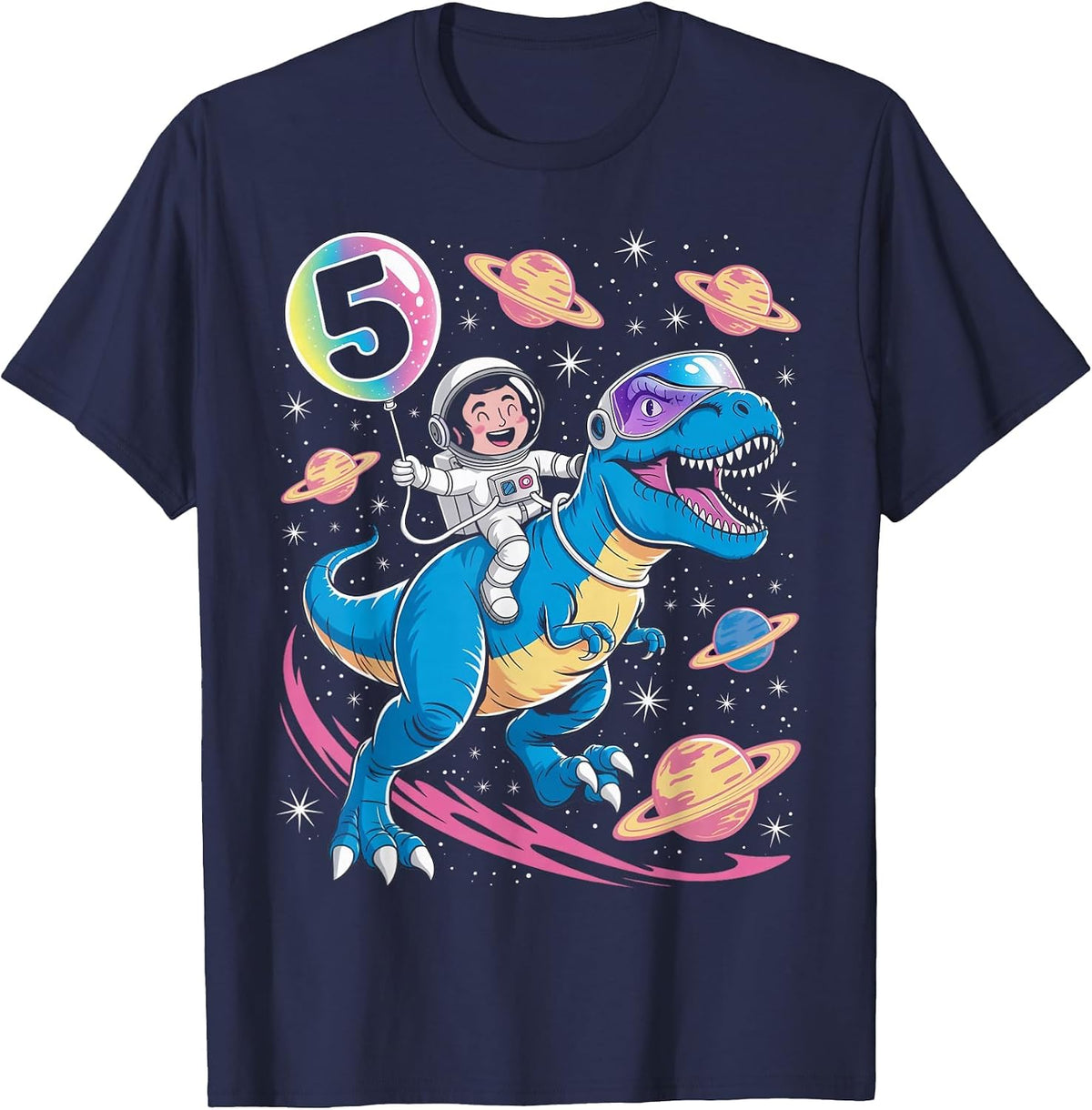 Astronaut Trex Dinosaur 5 Years Old Space Kids 5th Birthday T-Shirt - Navy Blue