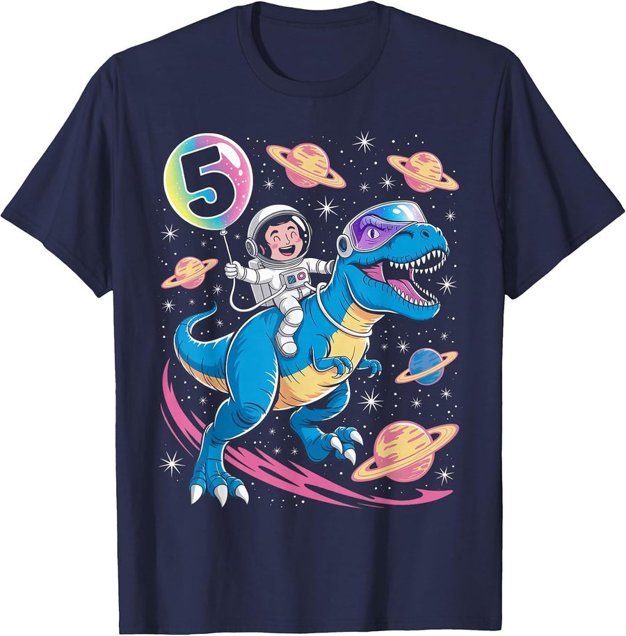 Astronaut Trex Dinosaur 5 Years Old Space Kids 5th Birthday T-Shirt - Navy Blue