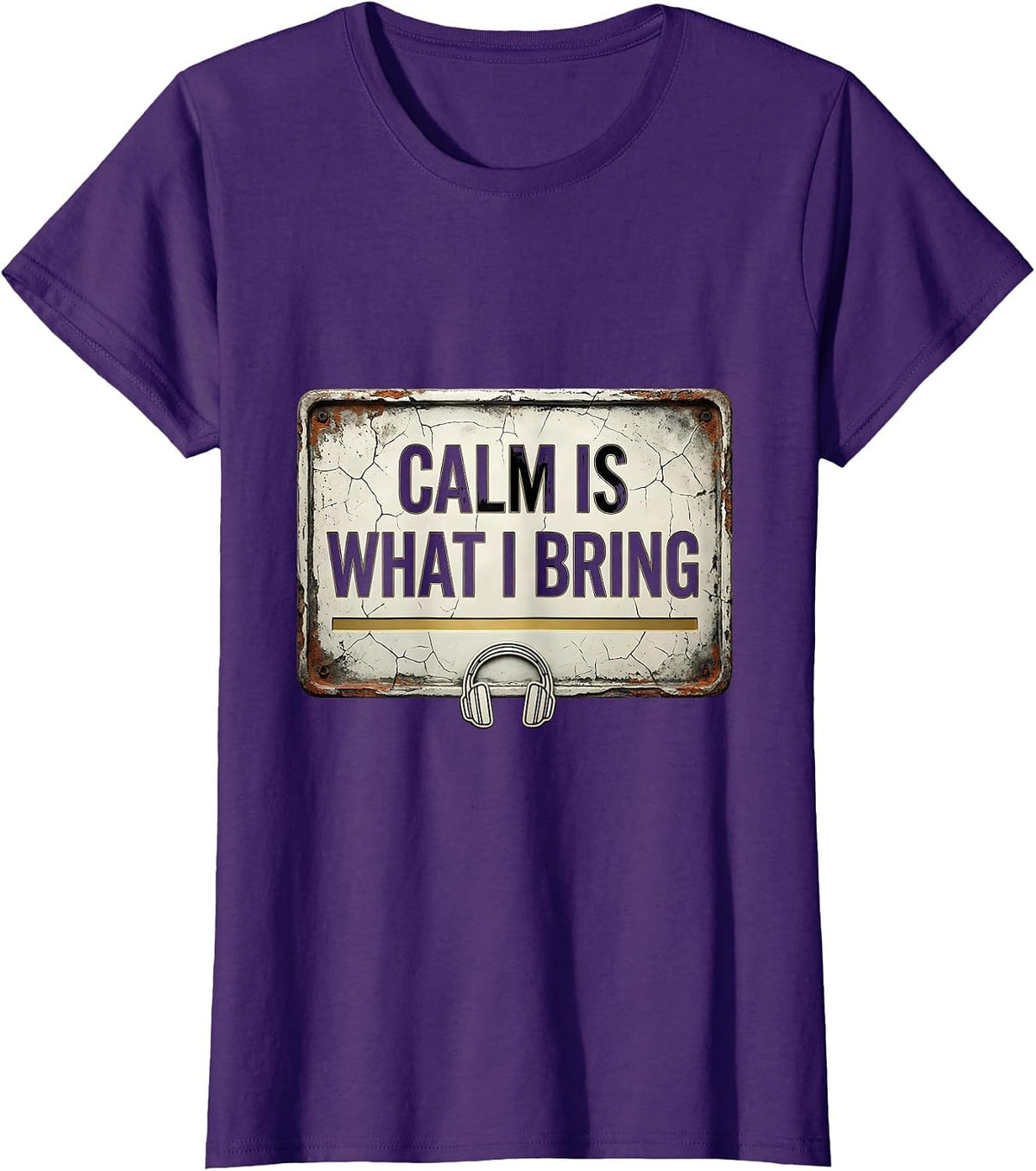 Women's Calm Is What I Bring Distressed 911 Dispatcher Thin Gold T-Shirt - Purple