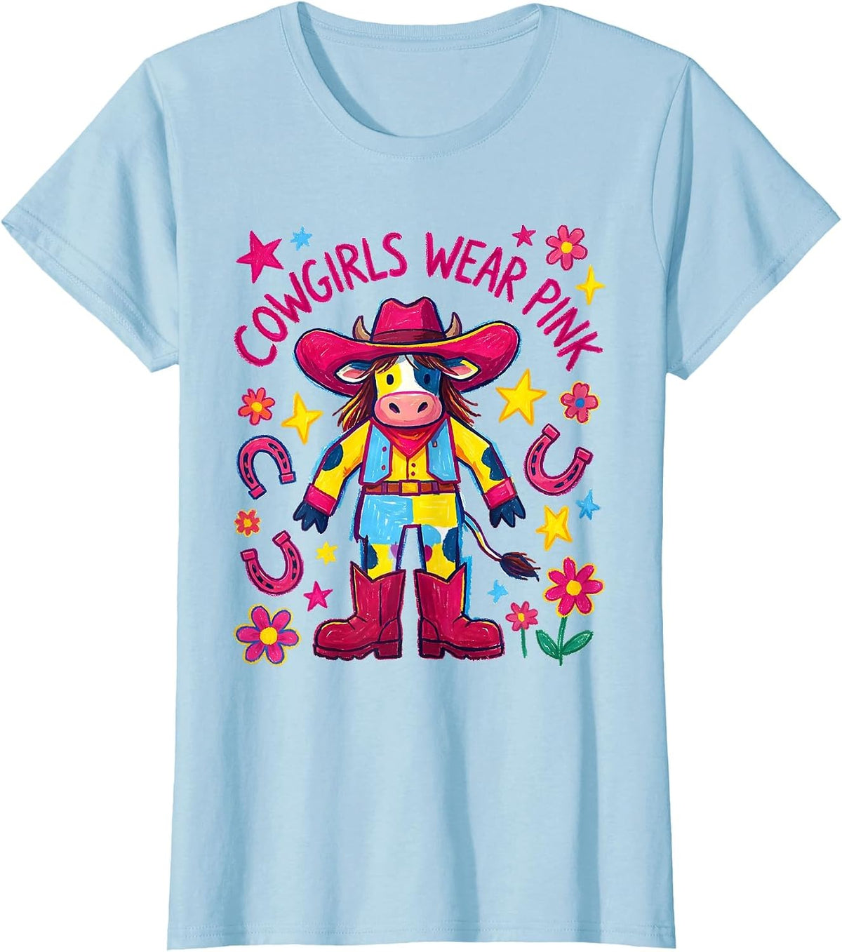 Women's Cowgirls Wear Pink Western Cowgirl Design T-Shirt - Baby Blue