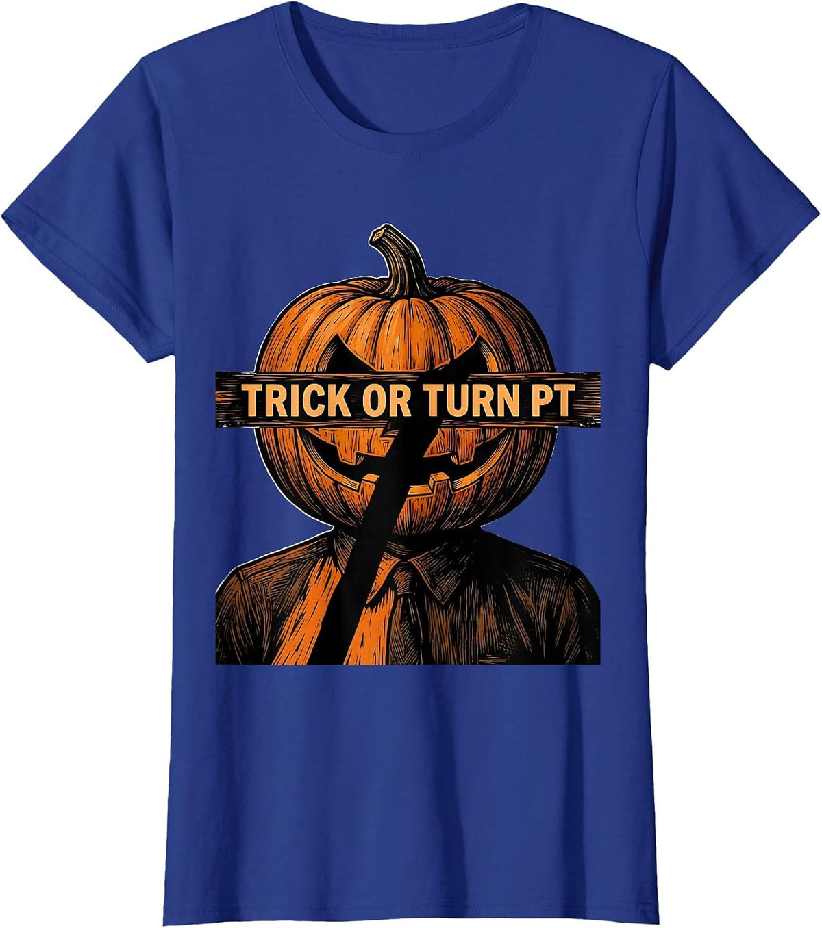 Women's Trick Or Turn PT Linocut Physical Therapy Halloween Humor T-Shirt - Royal Blue