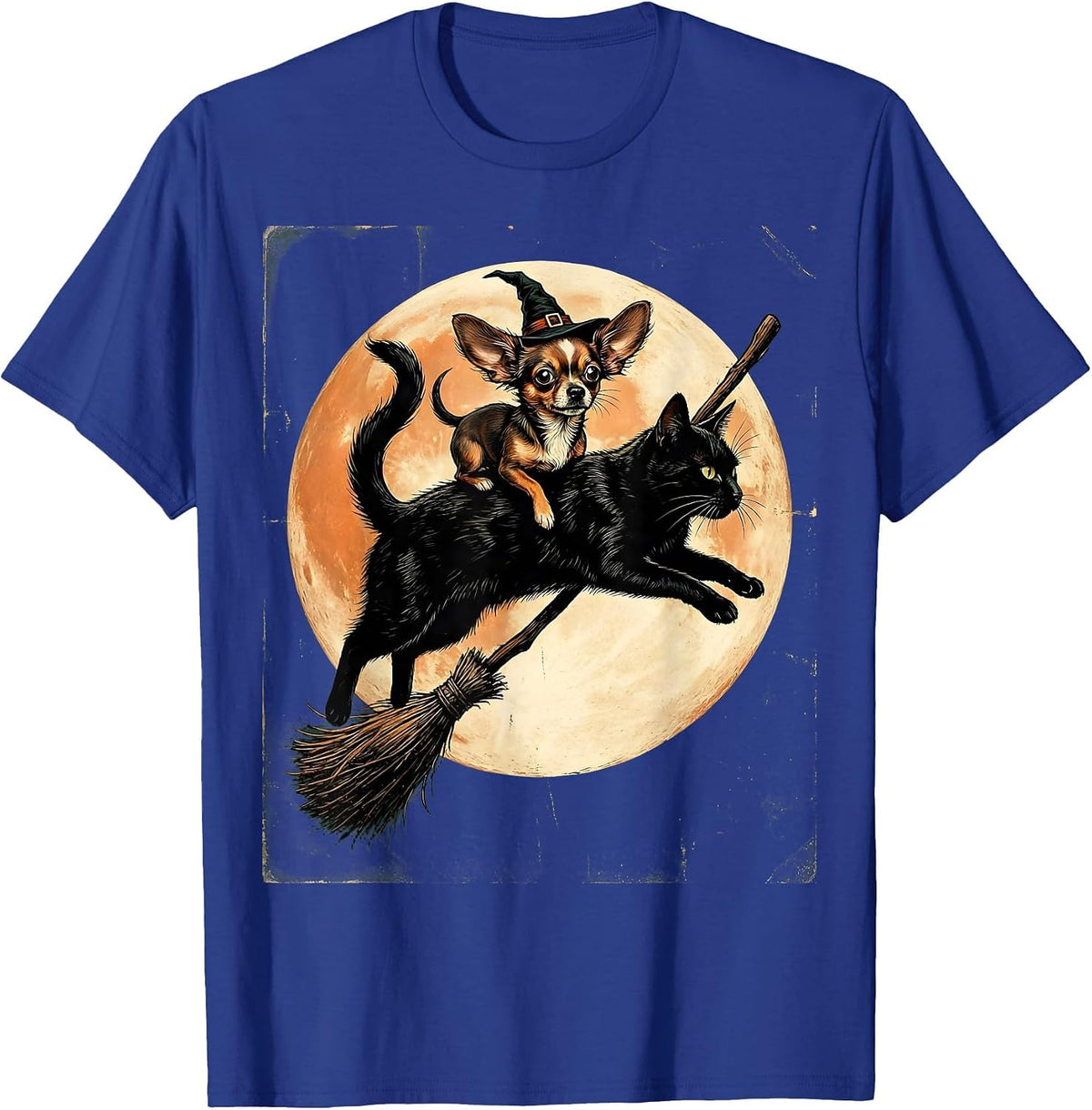 Men's Halloween Chihuahua Riding Giant Black Cat Broom T-Shirt - Royal Blue