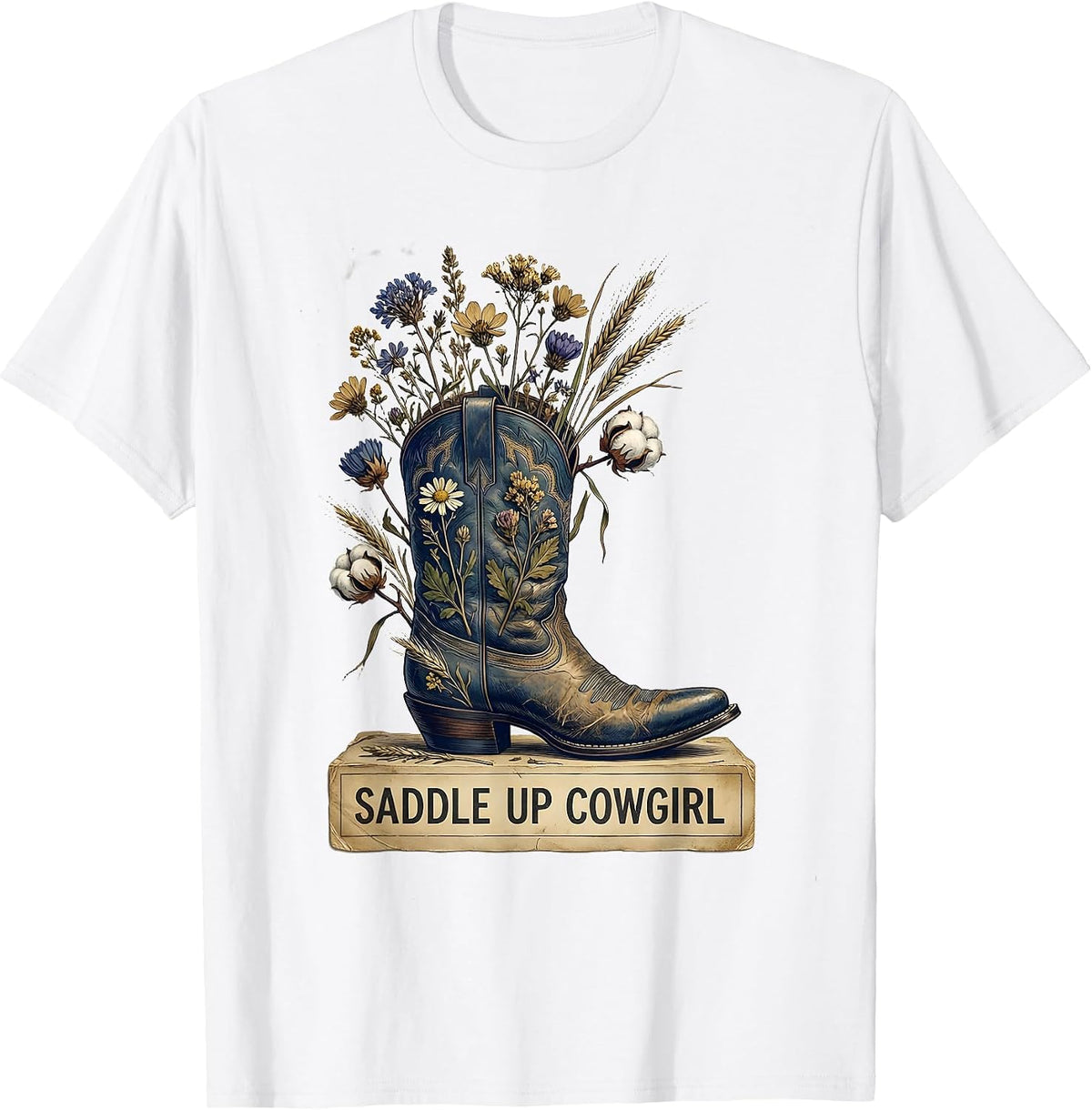 Men's Saddle Up Cowgirl Denim Western Design T-Shirt - White
