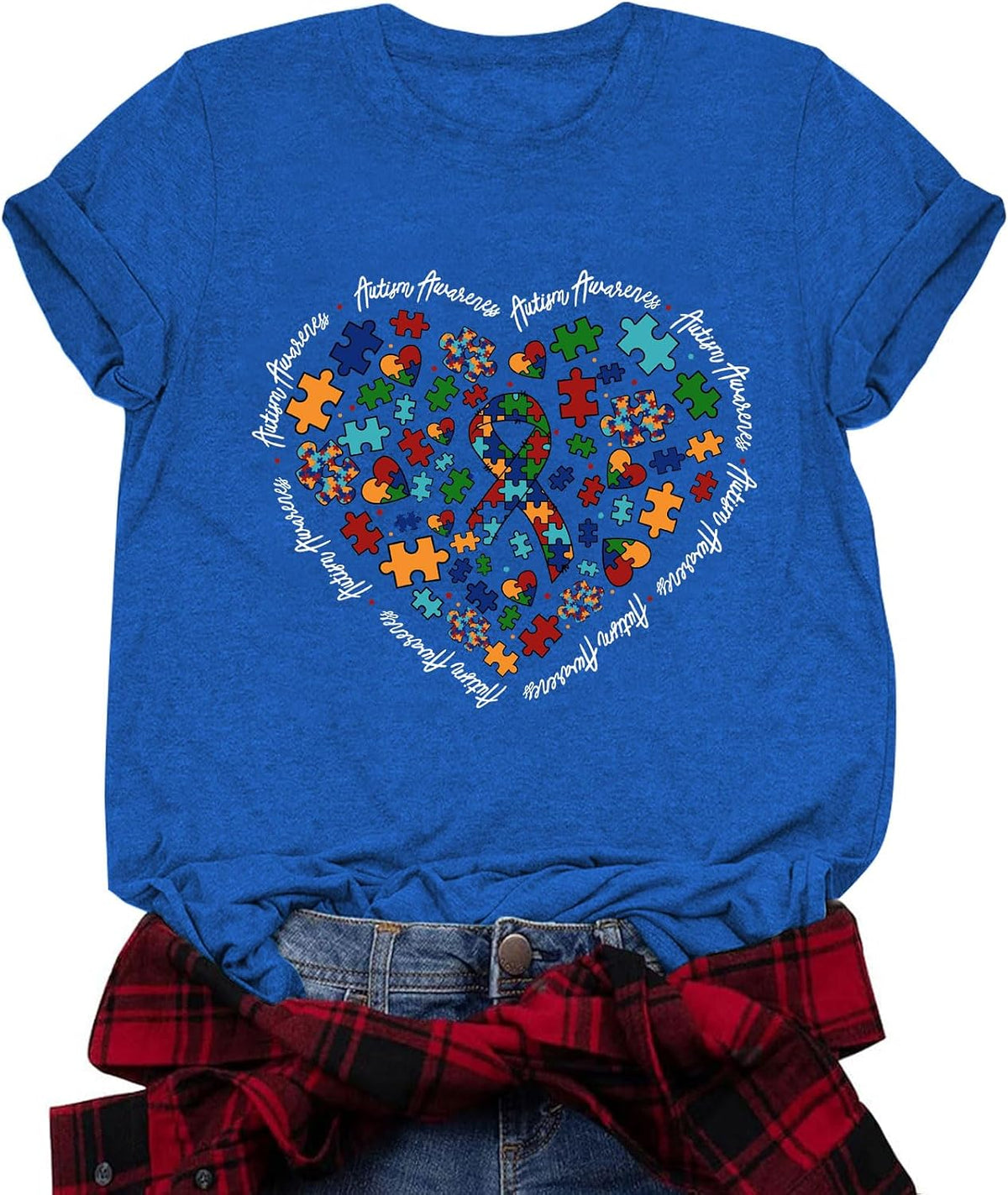 Autism Awareness Shirt Neurodiversity Infinity&Colorful Puzzle Heart, Autism Acceptance Tee for World Autism Day - Blue-4