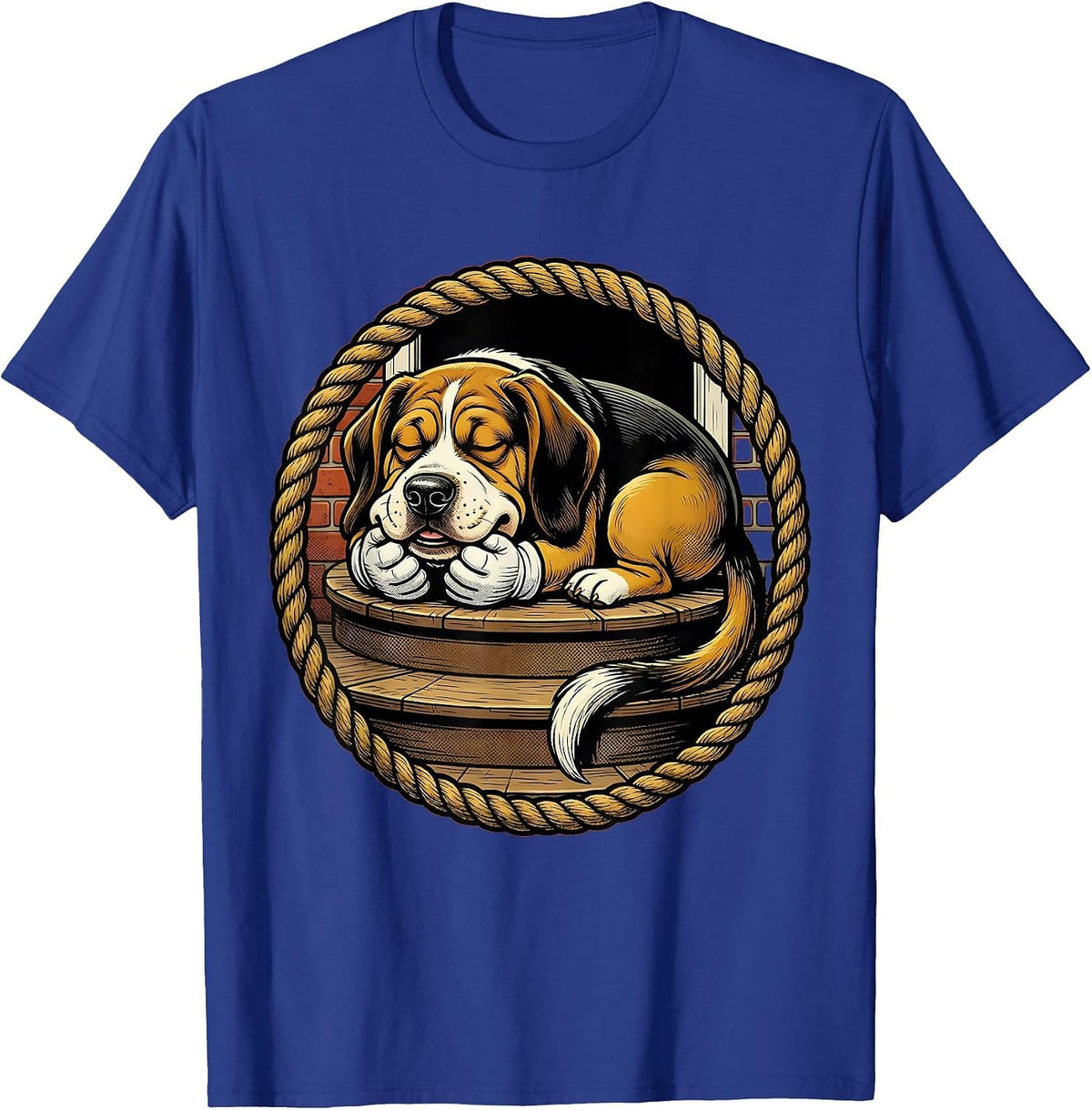 Lazy Hound Dog Napping on Porch Steps Illustration T-Shirt - Royal Blue