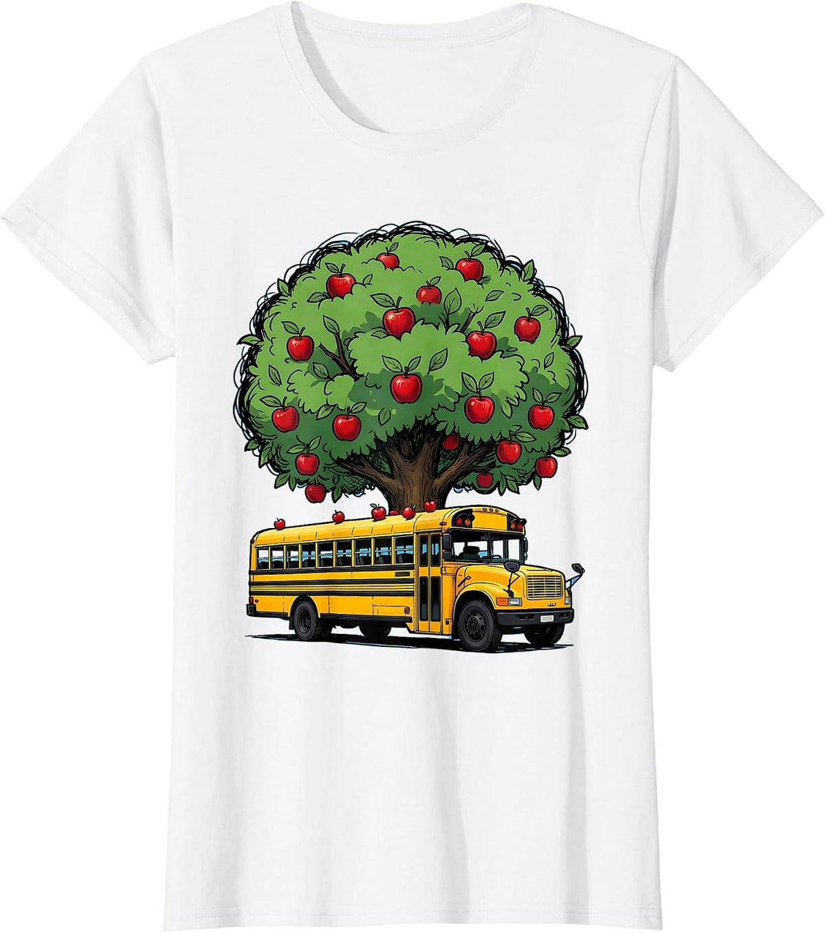 Women's Elementary Teacher Apple Tree School Bus Graphic T-Shirt - White