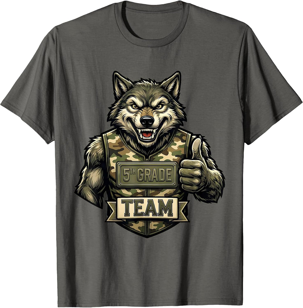 Men's 5TH GRADE TEAM Retro Camo Wolf Back To School Boy T-Shirt - Asphalt Grey