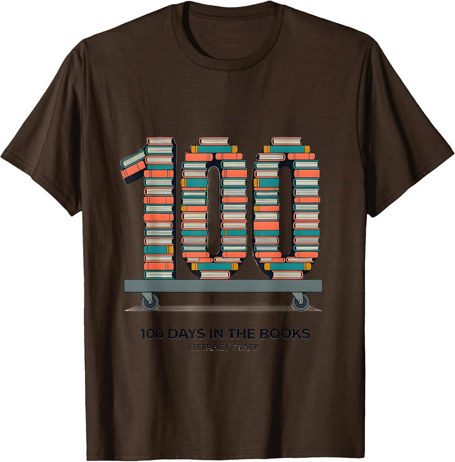 100 Days In The Books Literacy Staff Teacher Librarian T-Shirt - Brown