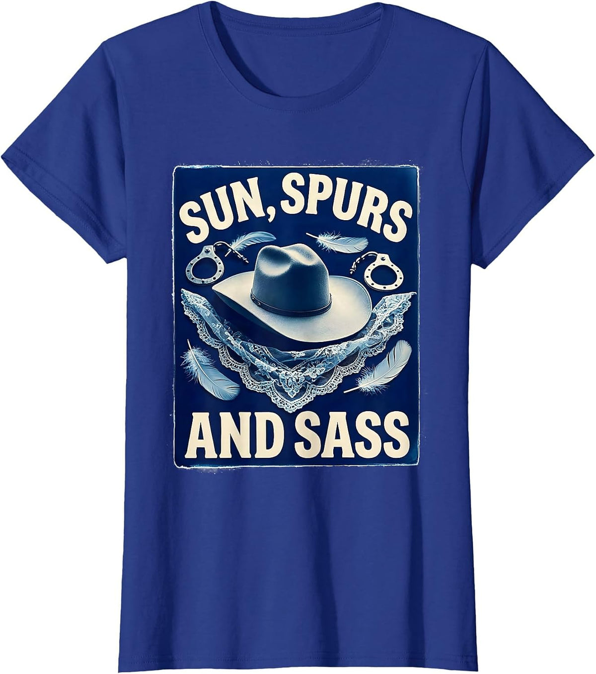 Women's Sun Spurs and Sass White Cowgirl Design T-Shirt - Royal Blue