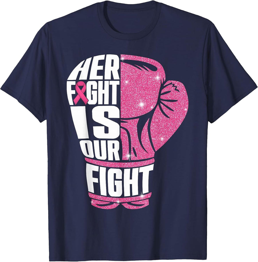Her Fight is Our Fight Breast Cancer Awareness Boxing Glove T-Shirt - Navy Blue