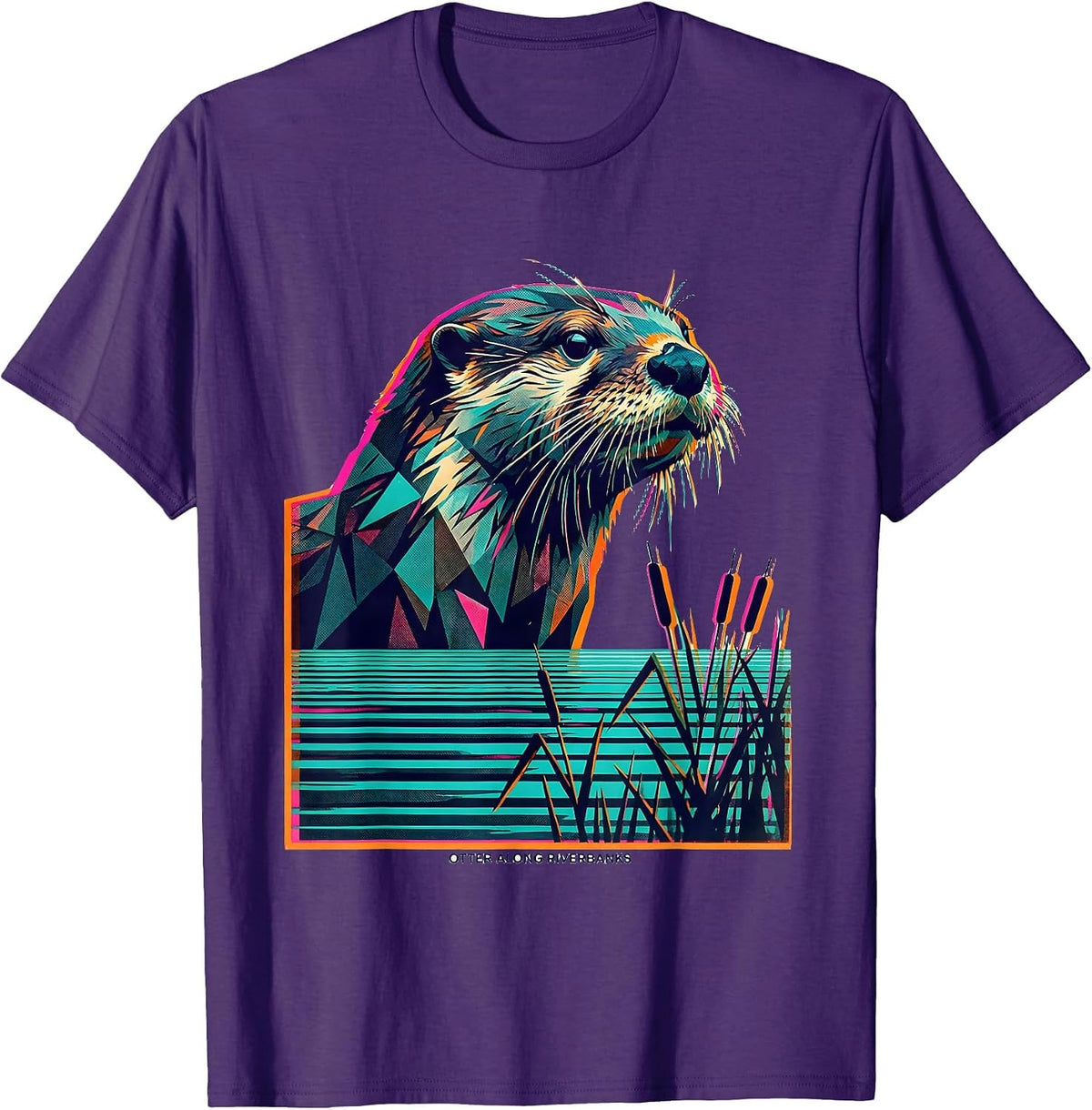Otter Along Riverbanks Risograph Vintage Wildlife Nature T-Shirt - Purple