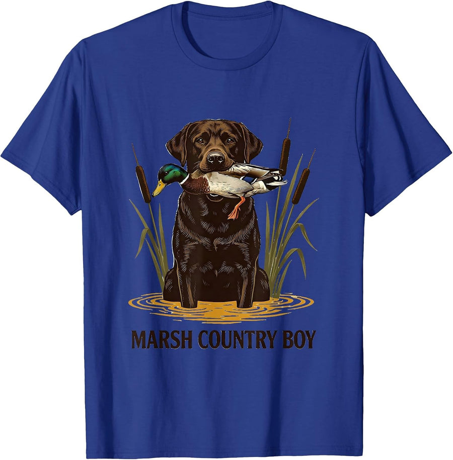 Marsh Country Boy Screenprint Poster Labrador Duck Hunting T-Shirt - Royal Blue