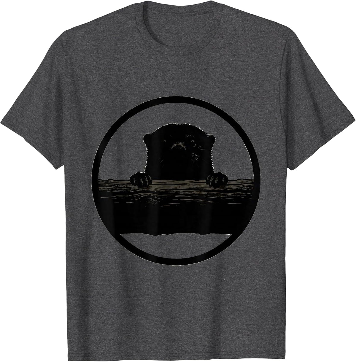 Men's Otter Peeking Over Mossy Riverbank Log T-Shirt - Dark Heather Grey