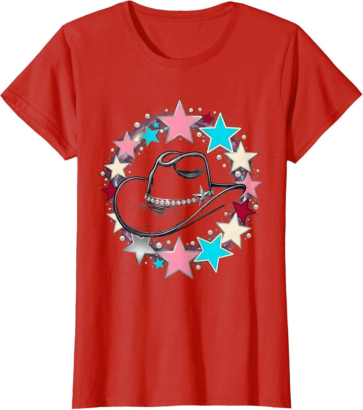 Cowgirl Hat Starry Galaxy Sky Illustration T-Shirt - Red
