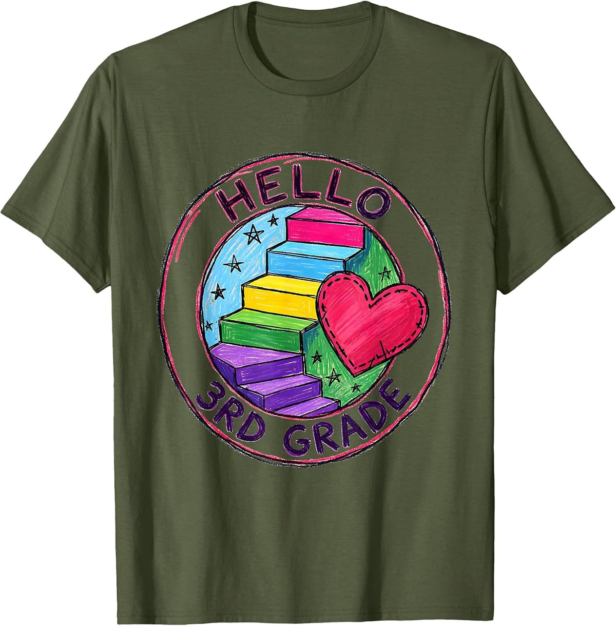 Hello 3rd Grade Naive Kidcore Teacher Back To School Girls T-Shirt - Olive Green