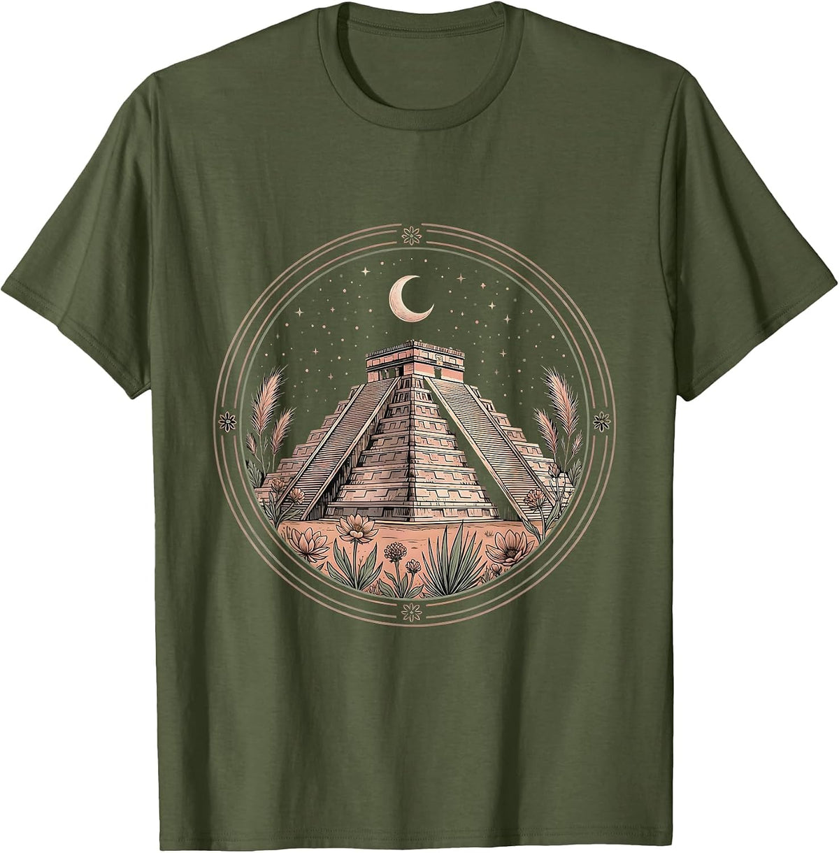 Latina Ancient Pyramid Starry Night Illustration T-Shirt - Olive Green