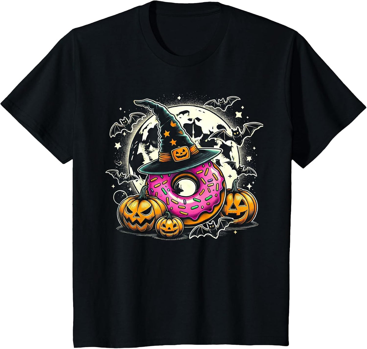 Donut Witch Halloween - Spooky Pumpkin Art T-Shirt - Black